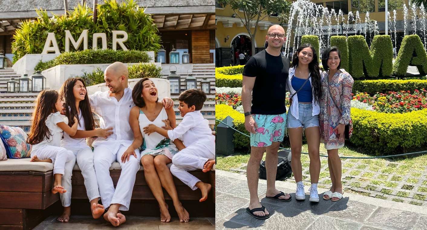 Two side by side photos of Doctor Silfa smiling with his family